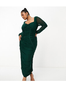 Jaded Rose Plus - Vestito con gonna al polpaccio verde smeraldo arricciato con pannello stile corsetto