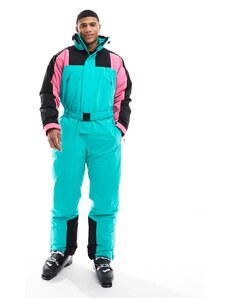 ASOS 4505 - Ski - Tuta da sci impermeabile rosa e verde-azzurro color block-Multicolore