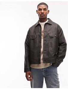 Topman - Camicia giacca in pelle sintetica invecchiata nera-Nero