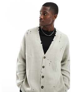 ASOS DESIGN - Cardigan oversize in maglia soffice color pietra con effetto bucato-Neutro