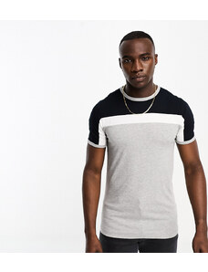 French Connection Tall - T-shirt color block grigio chiaro, bianco e blu navy