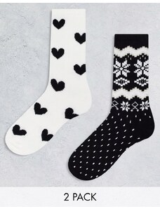 Lindex - Confezione di 2 paia di calzini bianchi e neri con motivo Fair Isle-Multicolore