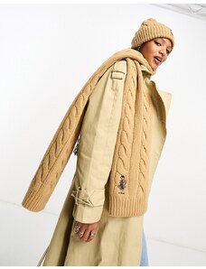 Polo Ralph Lauren - Sciarpa lavorata a trecce color cuoio con logo a orsetto-Marrone