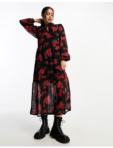 Wednesday's Girl - Vestito grembiule midi a balze nero e rosso con stampa di rose sfumate