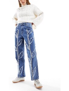 Object - Jeans taglio corto a vita alta blu medio con motivo floreale effetto sfrangiato