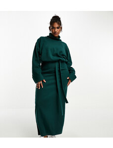 ASOS Curve ASOS DESIGN Curve - Vestito maglia lungo accollato color verde bosco super morbido con maniche voluminose e cintura