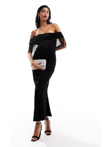 ASOS DESIGN - Vestito midi in velluto nero con scollo Bardot, corpino drappeggiato e frange