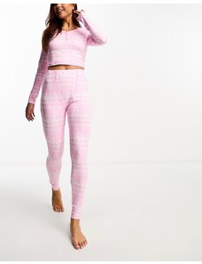 Loungeable - Top a maniche lunghe con bottoni e leggings in jersey rosa con stampa Fair Isle
