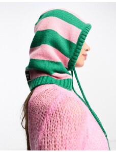 Damson Madder - Passamontagna con scaldacollo rosa e verde a righe con coulisse-Multicolore