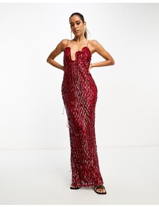 ASOS DESIGN - Vestito lungo a reticolo rosso intenso con decorazioni e frange e scollo ondulato