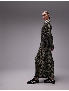 Topshop - Vestito midi zebrato monocromatico con scollo rotondo plissé e fondo ondulato-Multicolore