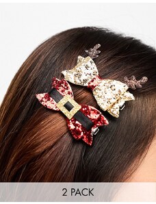Accessorize - Confezione da 2 fermagli per capelli natalizi rossi e oro glitterati a forma di fiocco-Multicolore