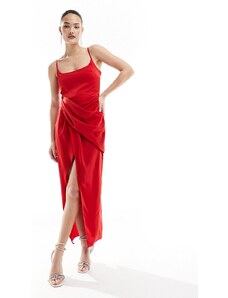ASOS DESIGN - Vestito midi in raso rosso con gonna drappeggiata e spalline sottili