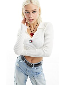 Tommy Jeans - Maglione bianco a coste con colletto
