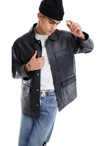 ASOS DESIGN - Camicia giacca oversize in vera pelle nera-Nero