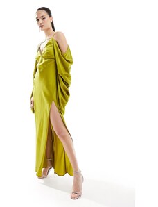 ASOS DESIGN - Vestito lungo in raso verde oliva con spalle scoperte-Rosso