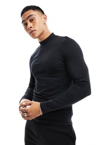ASOS DESIGN - T-shirt attillata a maniche lunghe nera con collo alto-Nero