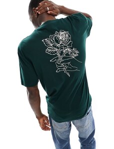 ASOS DESIGN - T-shirt comoda verde scuro con stampa di rosa stile disegno