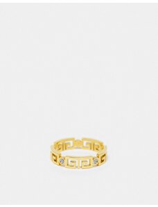 ASOS DESIGN - Anello a fascia in acciaio inossidabile color oro con cristalli e motivo cut-out a onda greca