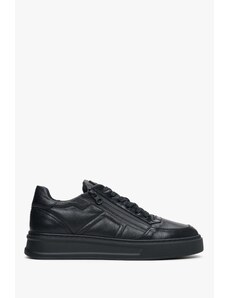 Men's Black Leather Sneakers with a Decorative Zipper Estro ER00113808