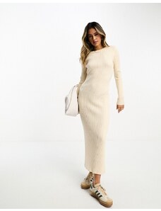 ASOS DESIGN - Vestito lungo girocollo in maglia color crema a coste-Bianco