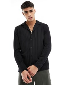 ASOS DESIGN - Camicia a maniche lunghe in jersey nero a coste con rever