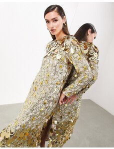 ASOS Edition - Vestito al polpaccio a colonna a maniche lunghe color oro con paillettes a strati