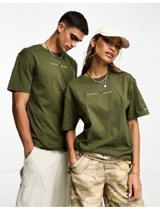 Tommy Jeans - T-shirt unisex vestibilità classica verde oliva con logo lineare