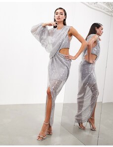 ASOS EDITION - Vestito lungo argento con cut-out, manica singola e paillettes