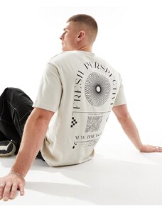 Selected Homme - T-shirt oversize beige con stampa "Perspective" sul retro-Neutro
