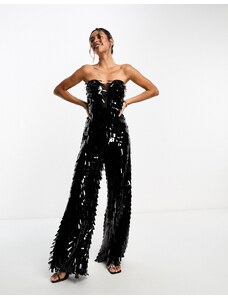 ASOS DESIGN - Tuta jumpsuit a fascia nera con dettaglio in rete decorata con paillettes-Nero