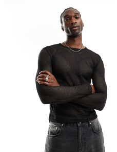 Weekday - T-shirt a maniche lunghe nera in maglia trasparente-Nero