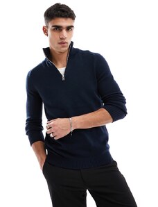 Selected Homme - Maglione accollato in misto lana blu navy con zip corta