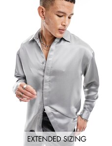 ASOS DESIGN - Camicia oversize anni '90 in raso pesante argento con abbottonatura nascosta