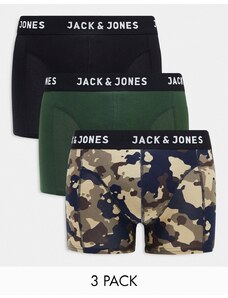 Jack & Jones - Confezione da 3 boxer aderenti verdi, neri e mimetici-Verde