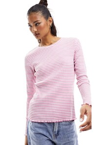 Selected Femme - T-shirt a maniche lunghe a coste rosa e bianca a righe con bordi smerlati-Multicolore