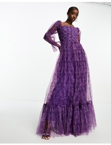 Lace & Beads - Vestito lungo in organza viola con maniche a sbuffo e stampa floreale