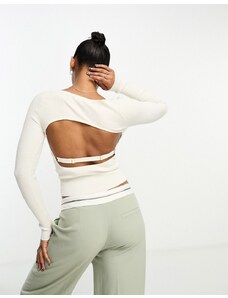 Miss Selfridge - Top in maglia color crema a coste con scollo squadrato e schiena scoperta-Bianco