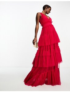 Lace & Beads - Vestito lungo color lampone in tulle a balze con scollo profondo-Rosa