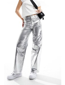 Bershka - Pantaloni in pelle sintetica dritti color argento effetto screpolato