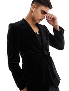 ASOS DESIGN - Giacca super skinny stile smoking in velluto nero con cintura