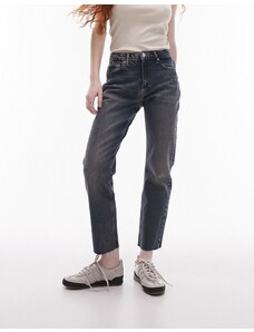Topshop - Jeans dritti corti con bordi grezzi a vita medio alta blu profondo