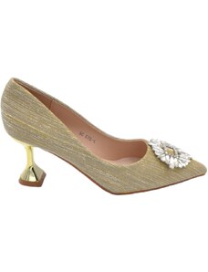 Malu Shoes Decollete' donna a punta glitterato oro tacco martini 8 cm linea elegante con spilla gioiello comodo eventi
