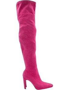 Malu Shoes Stivale donna alto in camoscio fucsia sopra ginocchio elastico effetto calzino zip aderente tacco largo punta quadrata