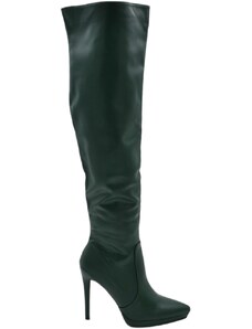 Malu Shoes Stivali donna verde scuro sopra al ginocchio pelle a punta con plateau sottile tacco a spillo 12 cm aderente