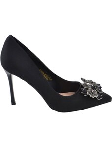 Malu Shoes Decollete' donna a punta tessuto rasato nero tacco sottile 10 cm linea elegante con spilla gioiello floreale eventi