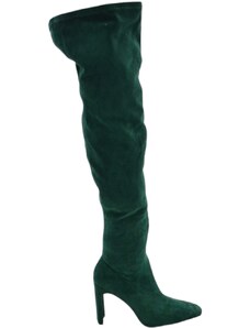 Malu Shoes Stivale donna alto in camoscio verde sopra al ginocchio elastico effetto calzino zip aderente tacco largo punta quadrata