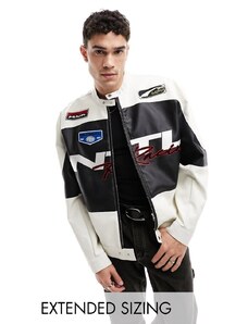 ASOS DESIGN - Giacca oversize in pelle sintetica nera e bianca con applicazioni stile motocross-Nero