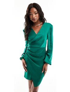 Flounce London - Vestito corto in raso a portafoglio verde smeraldo