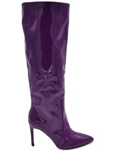 Malu Shoes Stivali donna alti lucidi viola in vernice al ginocchio con zip e tacco a spillo 12 cm vinile